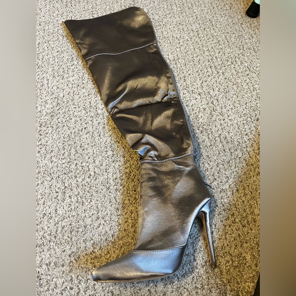 Satin like silver thigh high stiletto boots